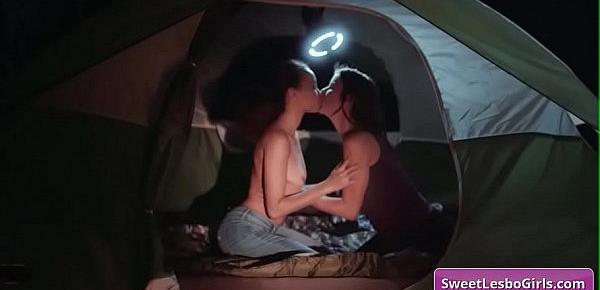 Sensual teen lesbian hot babes Gianna Dior, Shyla Jennings making out while camping at night in a tent